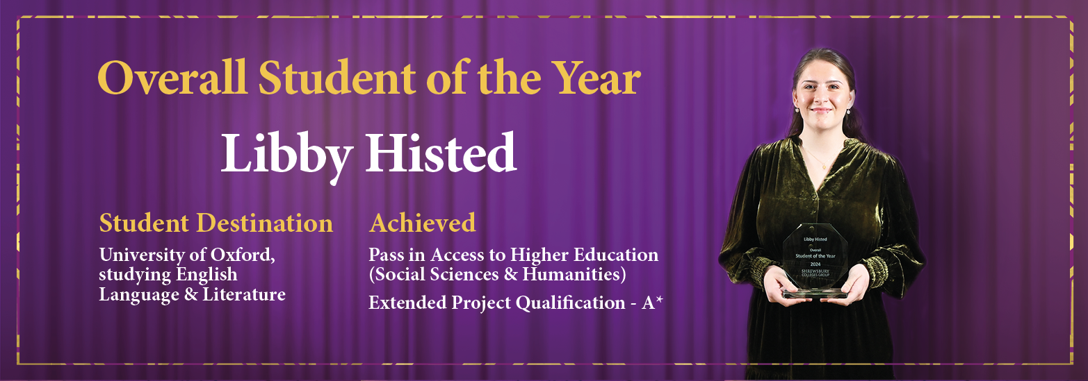 Image of student in front of a purple curtain with an award