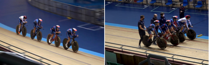 photos of four cyclists racing on a cycle track