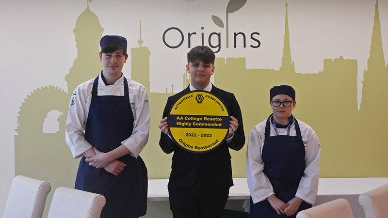 Hospitality & Catering students with the AA Highly Commended Rosette in Origins restaurant