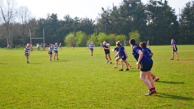 Shrewsbury Colleges Group’s Women’s Rugby team playing a match in the Rosslyn Park Sevens tournament