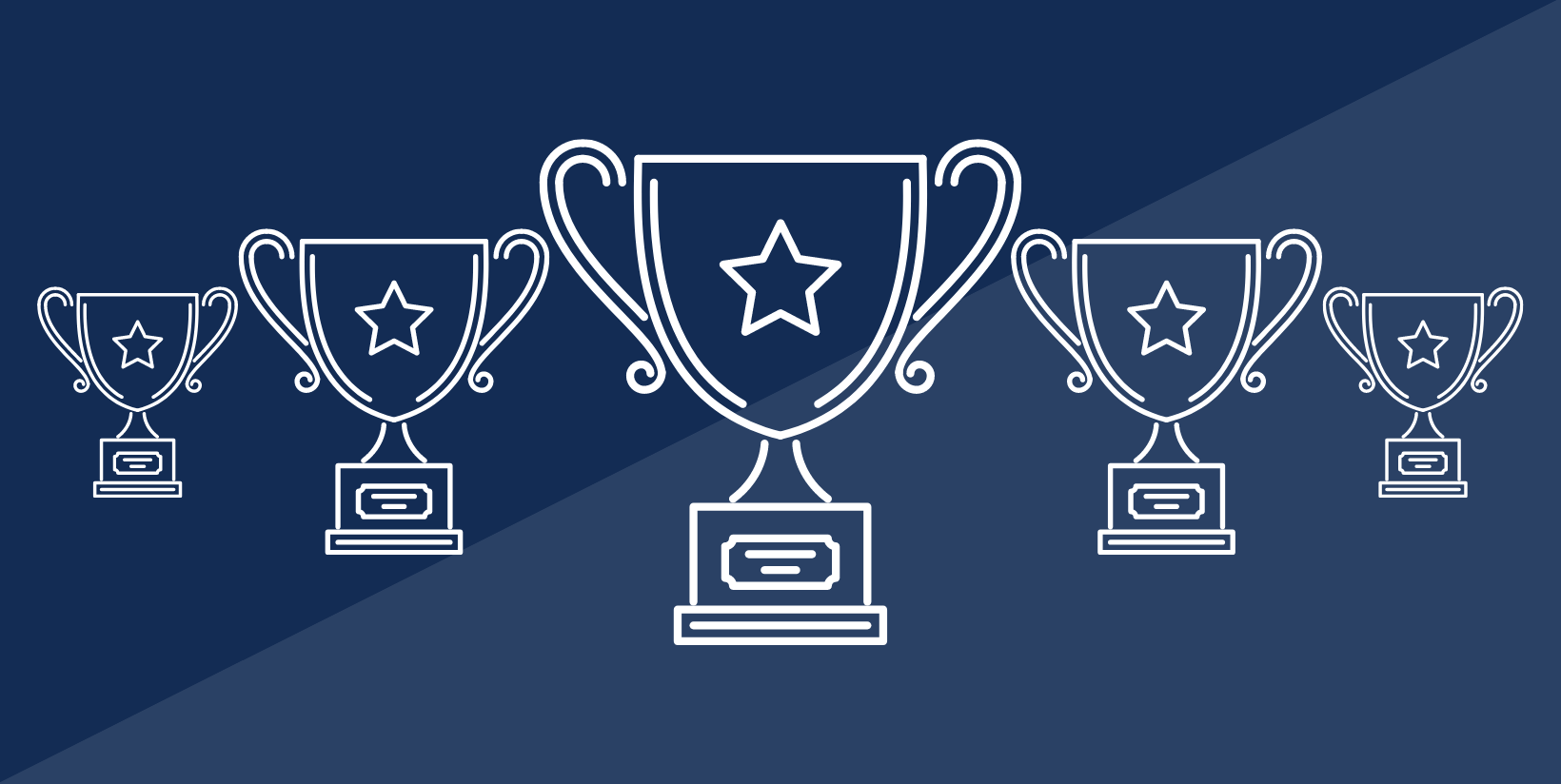 Digital graphic in navy blue with line of trophies
