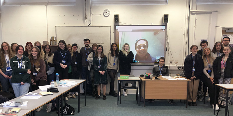 A Level English Literature students with Stephenson Ardern-Sodje on screen