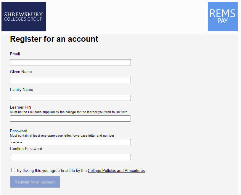 REMS Pay register for account screen