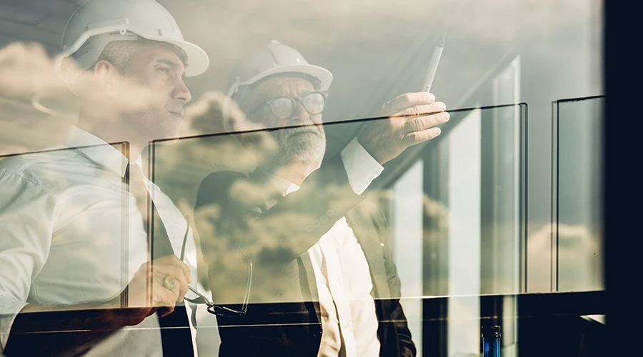 two men with hard hats looking through window