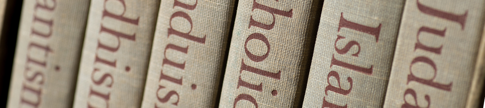 A closeup of the spines of books on different religions 